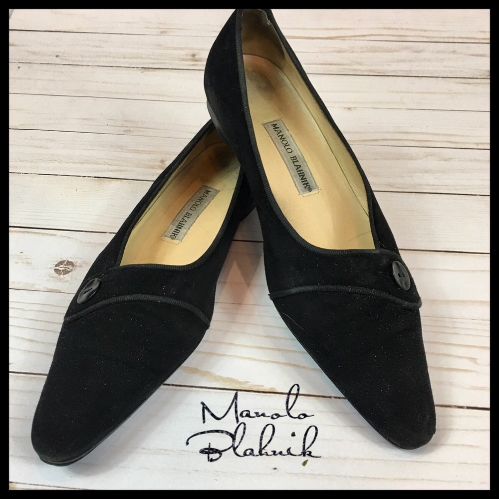 Manolo Blahnik Black Suede Button Flats Size 8.5